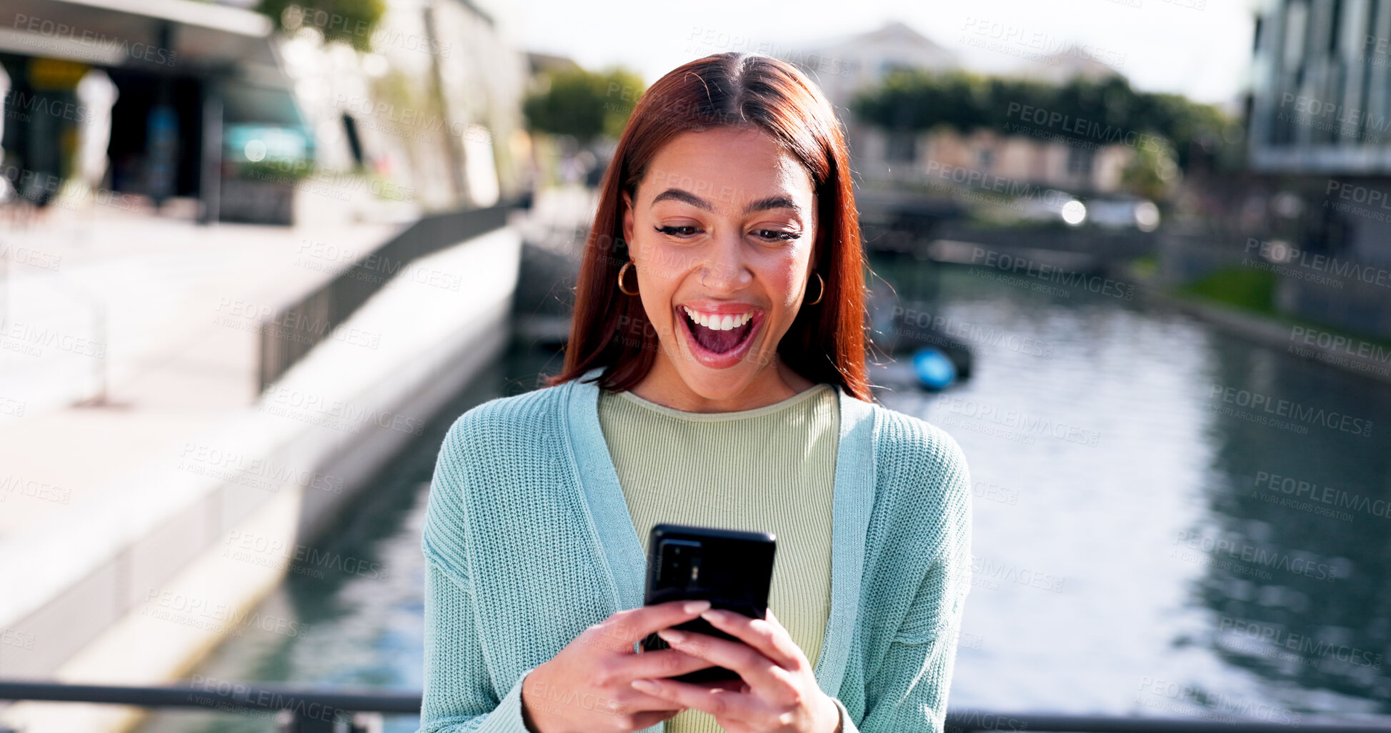 Buy stock photo Phone, excited and woman in city typing for communication, networking or contact with mobile app. Tech, travel and female person with smile on social media with cellphone outdoor in town for texting