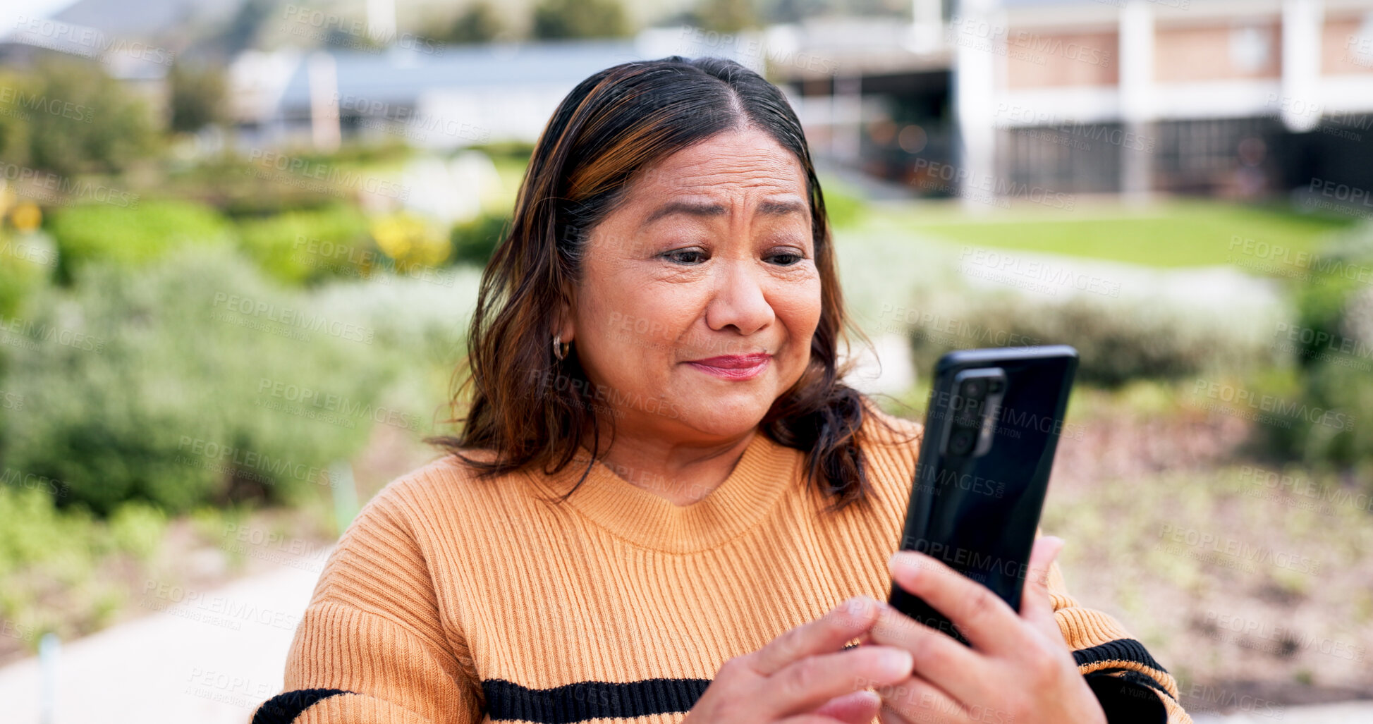 Buy stock photo Video call, phone and senior woman in nature for connection, communication and social media. Contact, network and streaming with elderly person in outdoor for mobile app, retirement and virtual chat