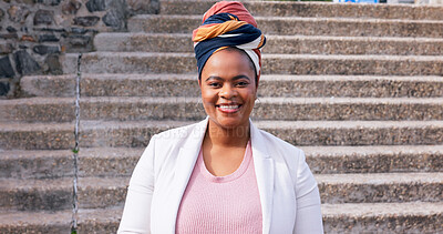 Buy stock photo Portrait, smile and steps with business black woman outdoor in urban city for job opportunity. Corporate, fashion and turban with happy African employee in Nigeria for start of professional career