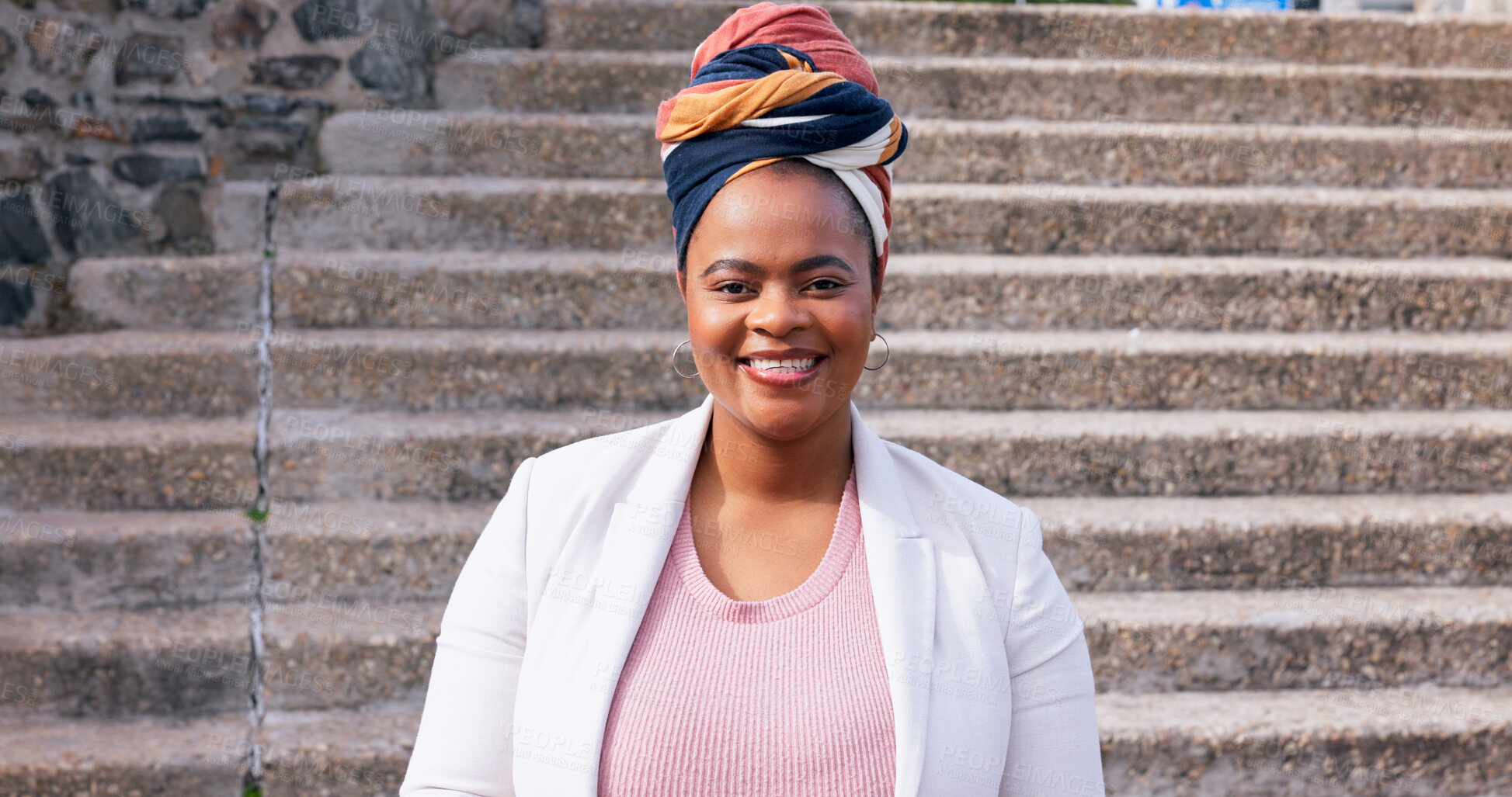 Buy stock photo Portrait, smile and steps with business black woman outdoor in urban city for job opportunity. Corporate, fashion and turban with happy African employee in Nigeria for start of professional career