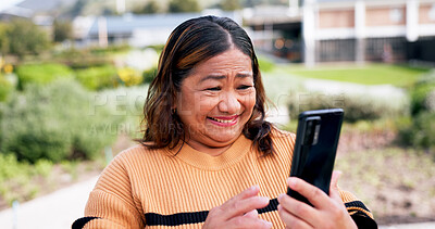 Buy stock photo Video call, phone and smile with senior woman in nature for connection, communication and social media. Contact, network and streaming with person in outdoor for mobile, retirement and virtual chat