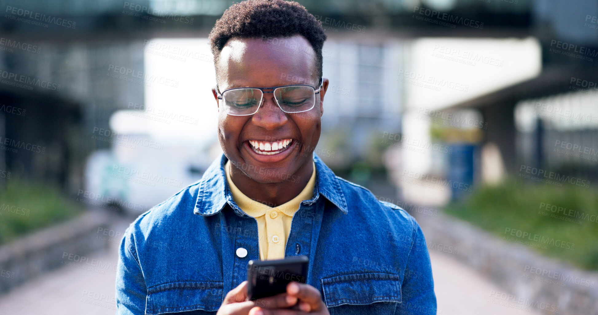 Buy stock photo Smile, phone and connection with black man in city for communication, social media post and networking app. Technology, internet and digital world with person and mobile for text message and contact