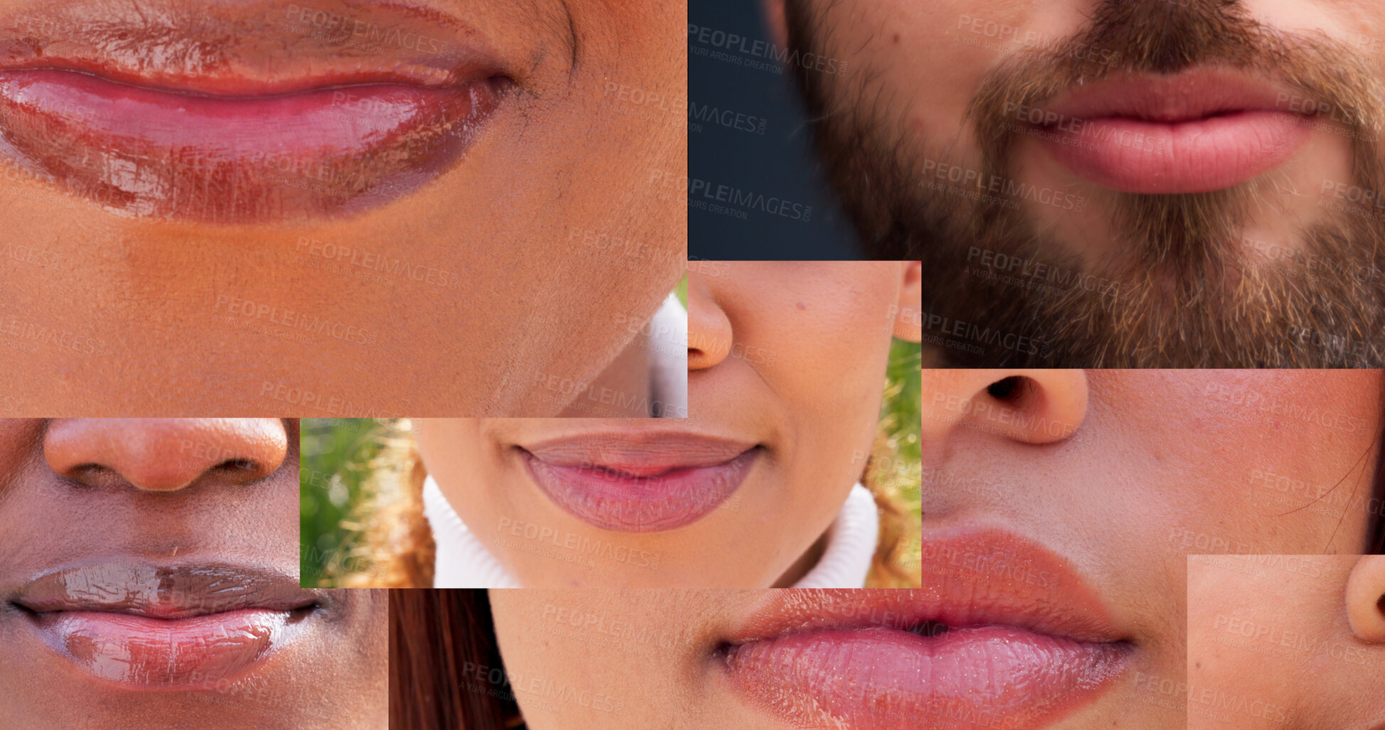 Buy stock photo Collage, lips and difference with people in diversity for community, inclusion or global awareness. Closeup, mosaic or mouth montage of group with humanity for social ethnicity, race or human variety