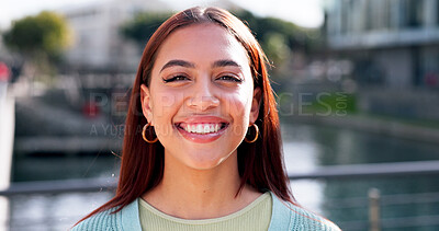 Buy stock photo Pride, travel and portrait of woman in city in Brazil for happiness, carefree and confidence. Smile, adventure and urban outdoors with face of female person for weekend, break and positive attitude