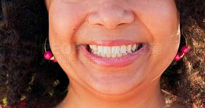 Buy stock photo Happy, smile and mouth of woman in city with confidence, pride and joy outdoors for dental wellness. Facial expression, cheerful and closeup of lips of person for health, hygiene and oral care