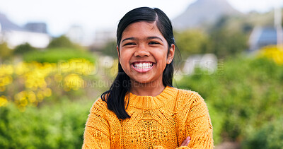 Buy stock photo Portrait, smile and sustainability with Indian girl outdoor in garden for eco friendly fashion. Conservation, development or growth and happy child in nature with going green mindset for planet earth