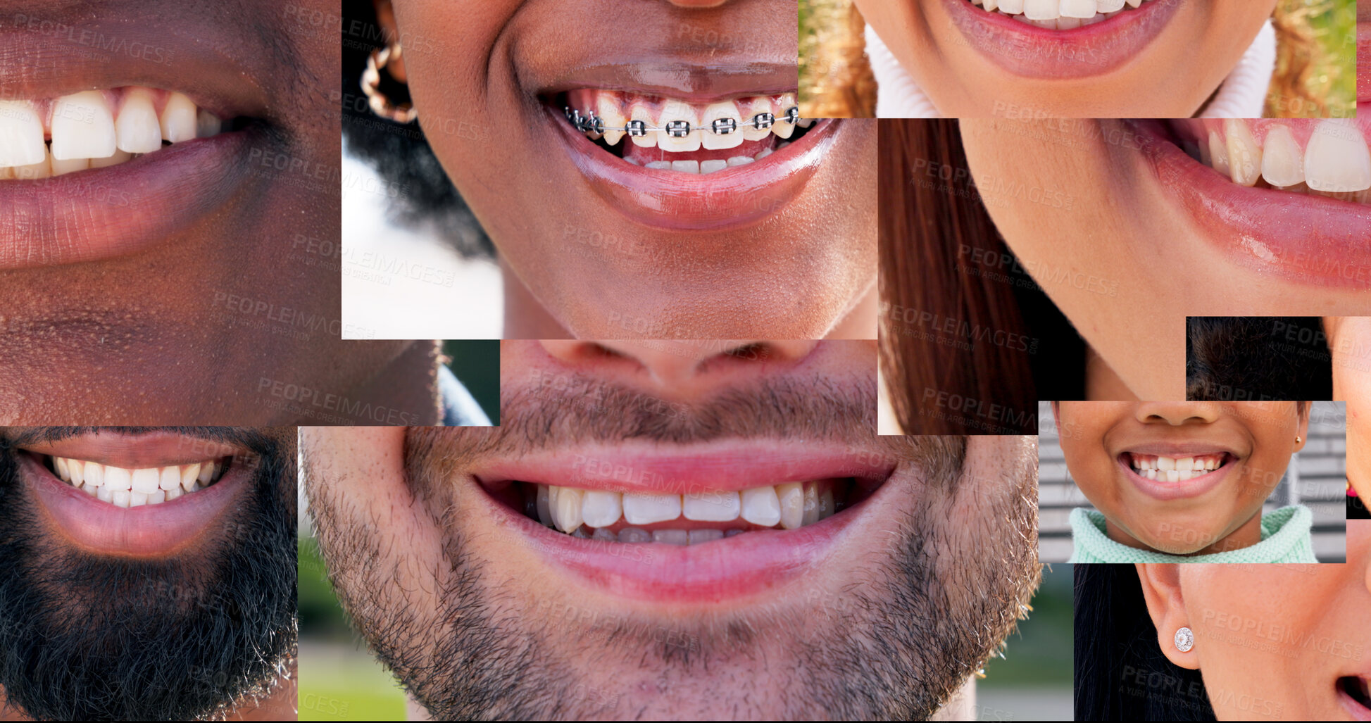 Buy stock photo Mouth, diversity and collage of people in city for happiness, smile and teeth cleaning. Pride, wellness and oral hygiene with closeup of lips with facial expression for confidence, gum care or dental