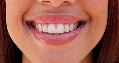 Buy stock photo Happy, smile and mouth of woman with confidence, pride and joy outdoors for dental wellness. Facial expression, cheerful and closeup of lips of person for health, oral hygiene and teeth whitening