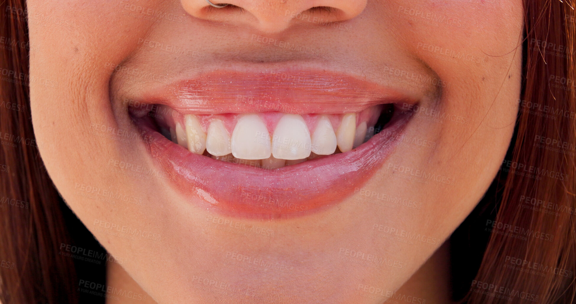 Buy stock photo Happy, smile and mouth of woman with confidence, pride and joy outdoors for dental wellness. Facial expression, cheerful and closeup of lips of person for health, oral hygiene and teeth whitening