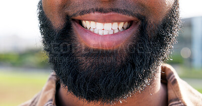 Buy stock photo Happy, smile and mouth of man in city with confidence, pride and joy outdoors for dental wellness. Facial expression, cheerful and closeup of person with beard for health, hygiene and oral care