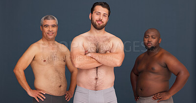 Buy stock photo Portrait, body positivity and group of men in underwear with confidence, inclusion and unique identity in studio. Diversity, solidarity and male friends with pride, arms crossed and grey background