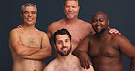 Portrait, body positivity and man with friends in underwear with confidence, inclusion or unique identity in studio. Diversity, solidarity and men with pride, happiness and support on grey background