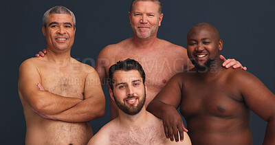 Buy stock photo Portrait, body positivity and man with friends in underwear with confidence, inclusion or unique identity in studio. Diversity, solidarity and men with pride, happiness and support on grey background