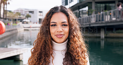 Buy stock photo Travel, portrait and woman on vacation, smile and happy for tourism, adventure and scenery of lake. Outdoor, tourist and person on holiday, water and fresh air for traveller, relax and peace in USA