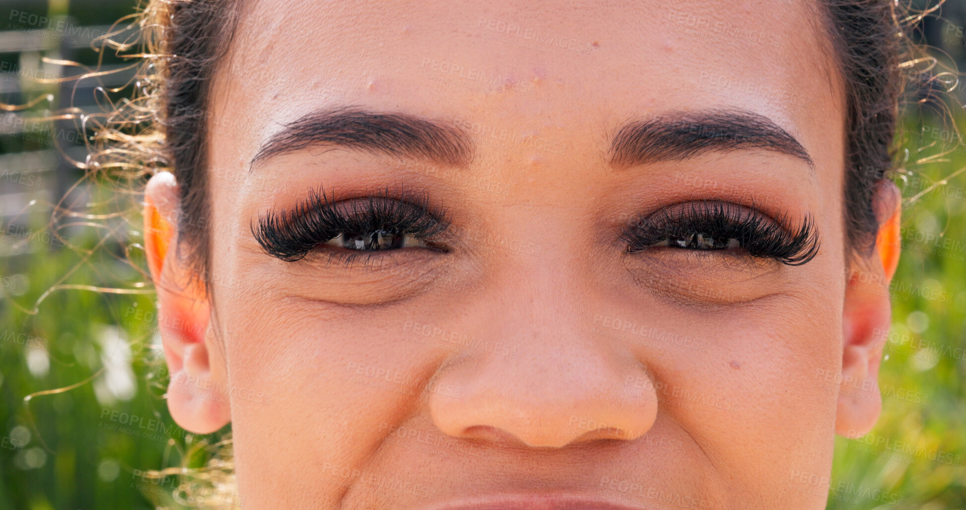 Buy stock photo Beauty, eyelashes and person with mascara, makeup and aesthetic for extension, portrait and cosmetics. Optical, vision and length for eyes, sight and eyebrow lamination for woman, wellness or outdoor