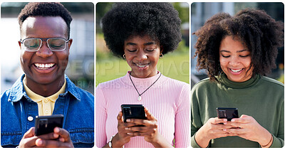 Buy stock photo Phone, happy and people in city typing for communication, networking or contact with mobile app. Tech, collage and friends with smile on social media with cellphone outdoor in town for texting online