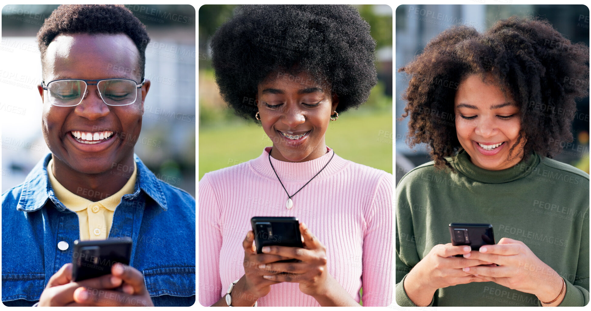 Buy stock photo Phone, happy and people in city typing for communication, networking or contact with mobile app. Tech, collage and friends with smile on social media with cellphone outdoor in town for texting online