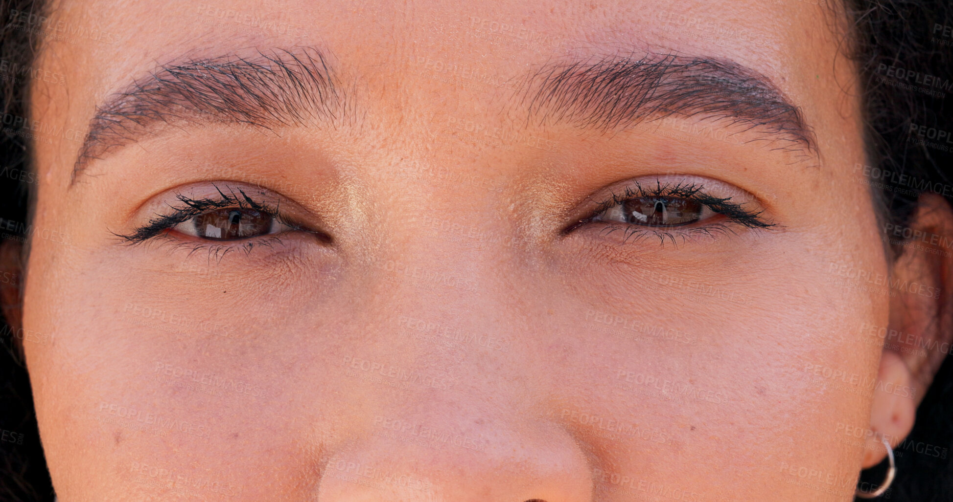 Buy stock photo Beauty, aesthetic and person with mascara, eyes and makeup for extension, portrait and cosmetics. Optical, vision and length for eyelashes, sight and eyebrow lamination for woman, wellness or morning