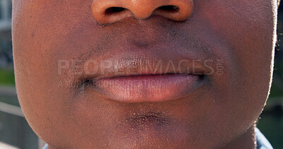 Buy stock photo Closeup, mouth and man in city, skincare and confidence with smooth skin. Outdoor, person and guy with lips, cosmetics or wellness with dermatology, grooming or treatment with glow or Nigeria