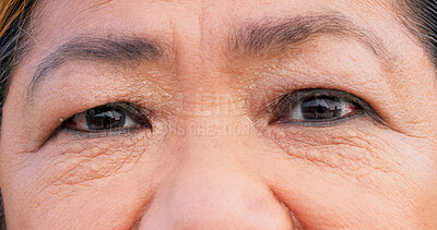 Buy stock photo Eyes, portrait and senior woman in optometry, optic care and health for vision, wellness and lens. Female person, face and ophthalmology for eyesight, retirement and retina with closeup for awareness