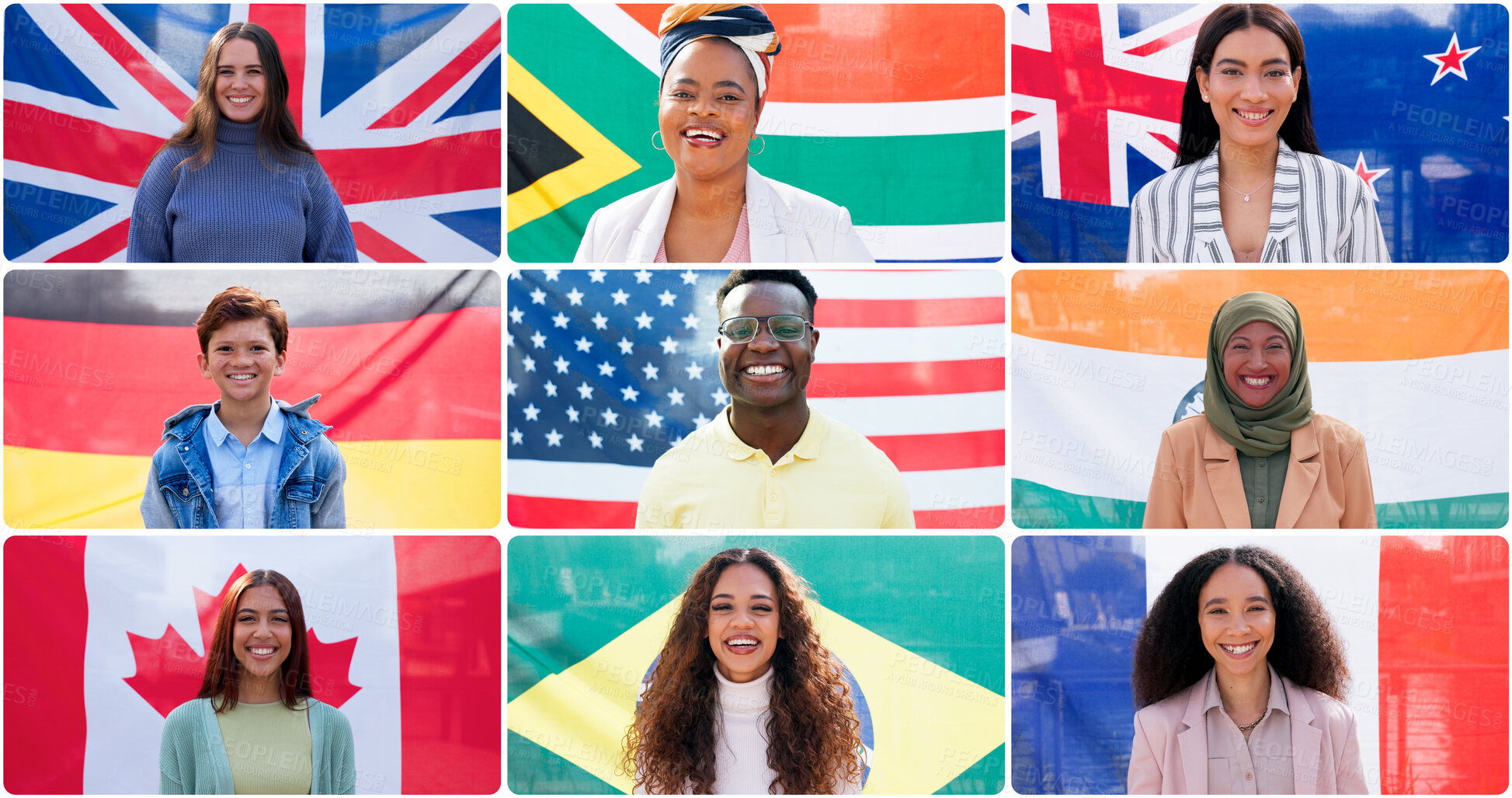Buy stock photo Portrait, people and collage with country flags for diversity, unity and support with pride. Global, international and happy or smile for inclusivity with men and women for community and culture 