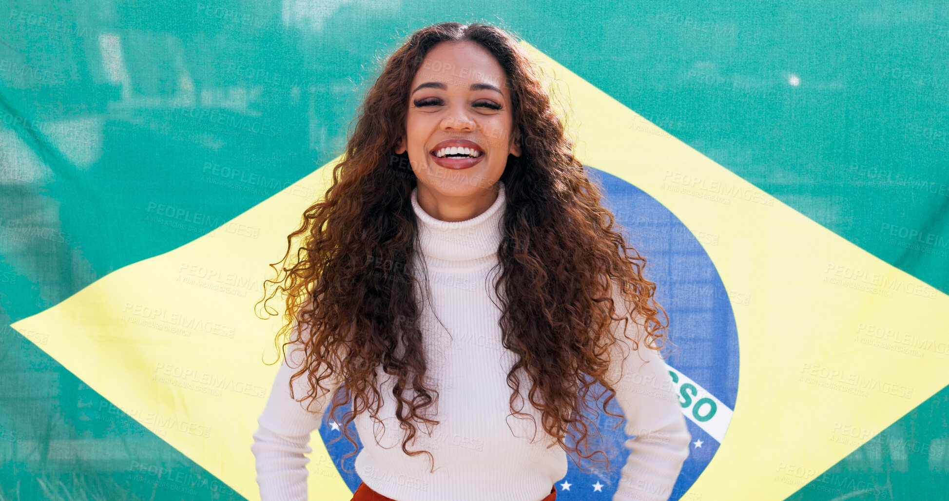 Buy stock photo Portrait, happy and woman with Brazilian flag for national pride, support and heritage. Face, smile and girl with Brazil banner on background for patriotism, sports fan and culture of independence