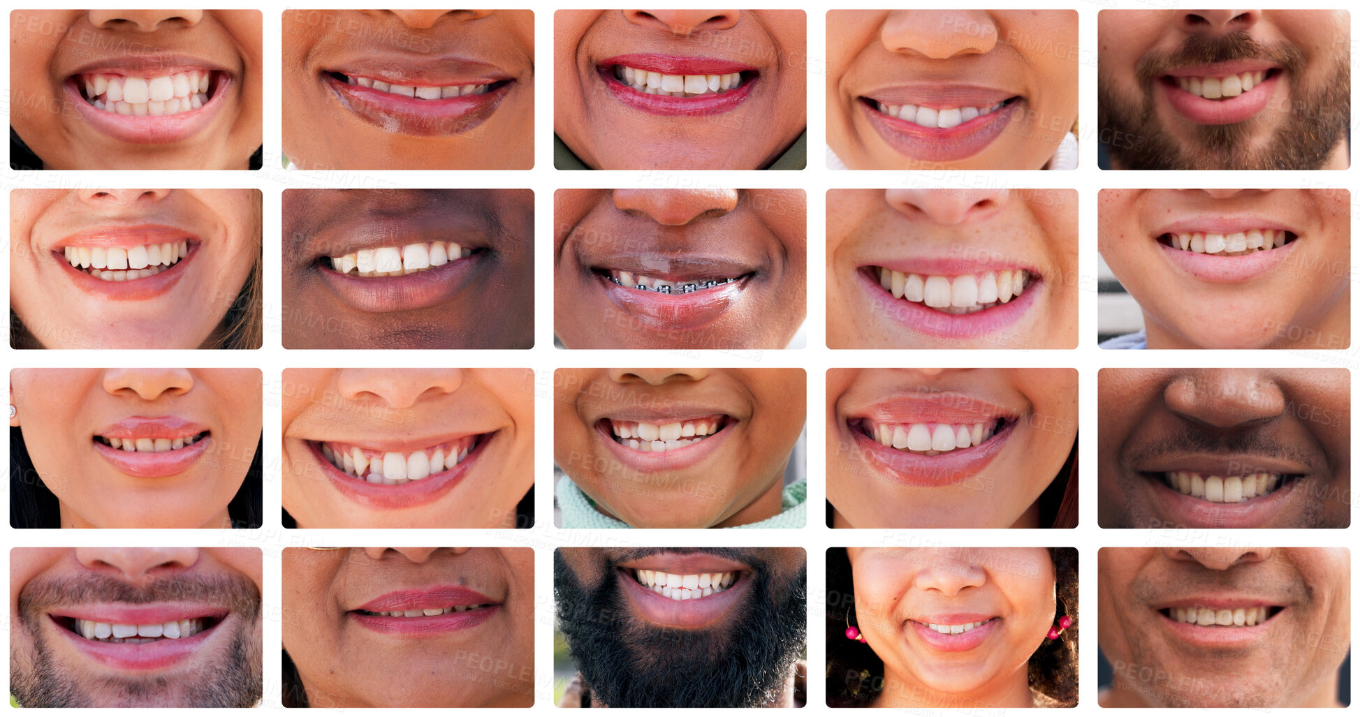 Buy stock photo Dental, diversity and closeup with collage of people in city for smile, pride and teeth cleaning. Mouth, wellness and oral hygiene with zoom of lips with facial expression for confidence and braces