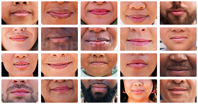 Buy stock photo Collage, lips and difference with humanity in diversity for community, inclusion or global awareness. Closeup, mosaic or mouth montage of group with frame for social ethnicity, race or human variety