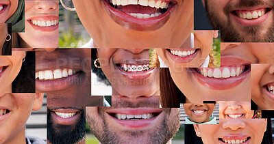 Buy stock photo Dental, diversity and happy with collage of people in city for smile, pride and teeth cleaning. Mouth, wellness and oral hygiene with closeup of lips with facial expression for confidence and braces