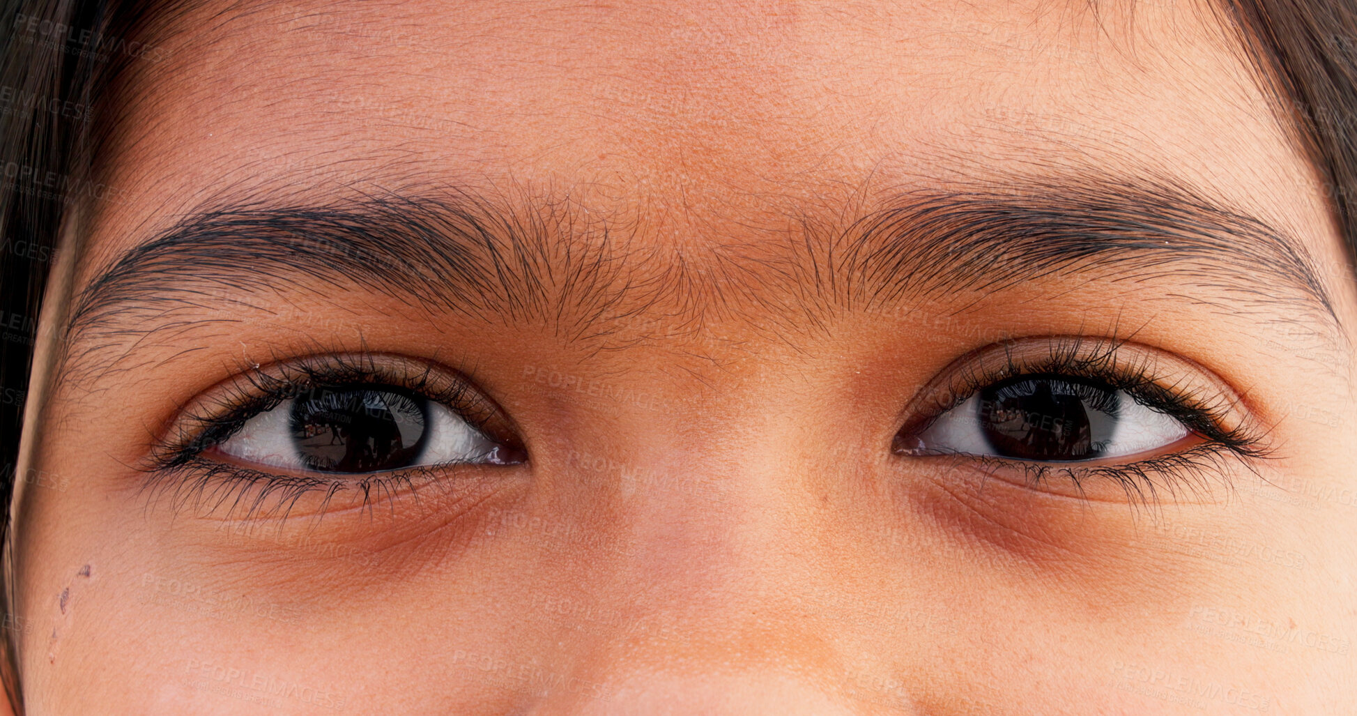 Buy stock photo Optometry, closeup and eyes of child for optical, care and eyesight improvement for healthcare. Ophthalmology, face and portrait of young girl kid with vision wellness awareness for visual lens.