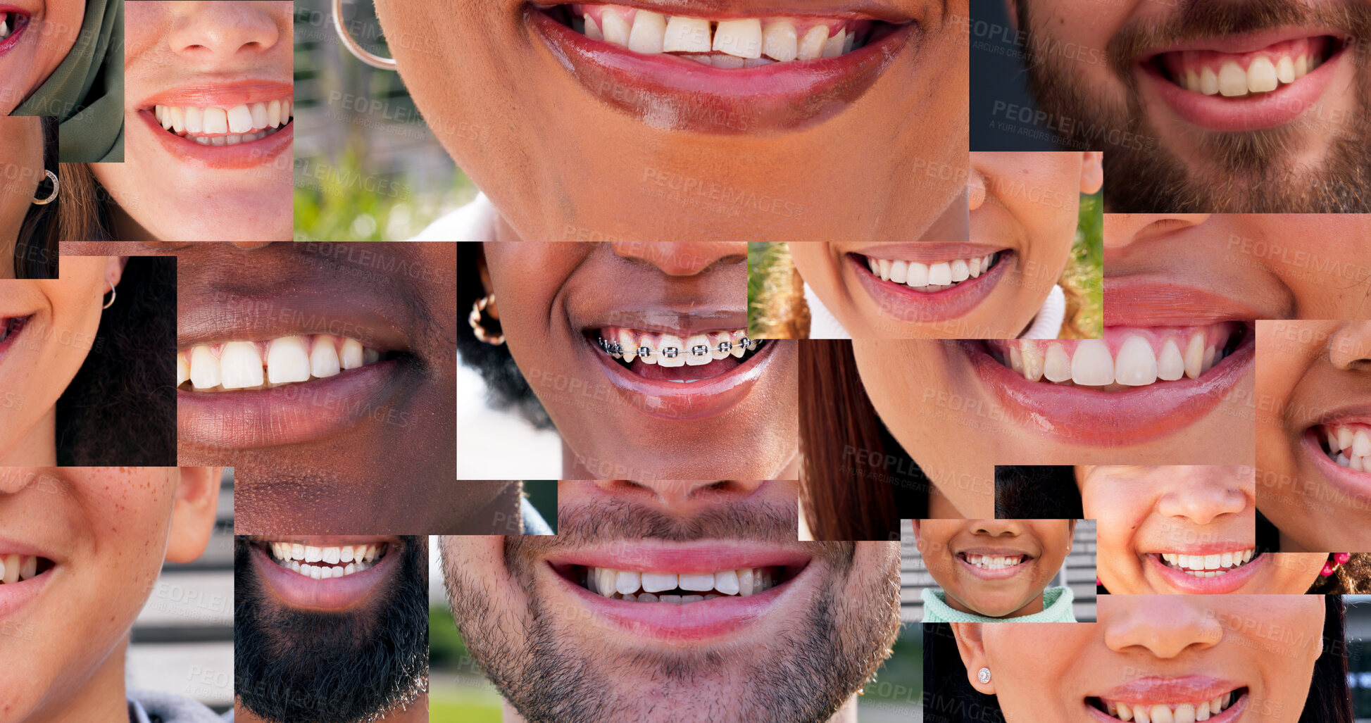 Buy stock photo Dental, diversity and collage of people in city for happiness, smile and teeth cleaning. Pride, wellness and oral hygiene with closeup of mouth with facial expression for confidence, gum care or lips