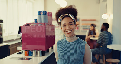 Buy stock photo Happy, pride and portrait of woman in coffee shop with positive attitude for restaurant on holiday. Smile, face and young female person from Colombia in cafe with confidence for travel vacation.