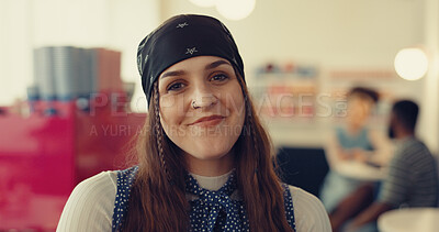 Buy stock photo Smile, confident and portrait of woman in cafe with positive attitude for restaurant on holiday. Happy, face and closeup of female person from Canada in coffee shop with pride for travel vacation.
