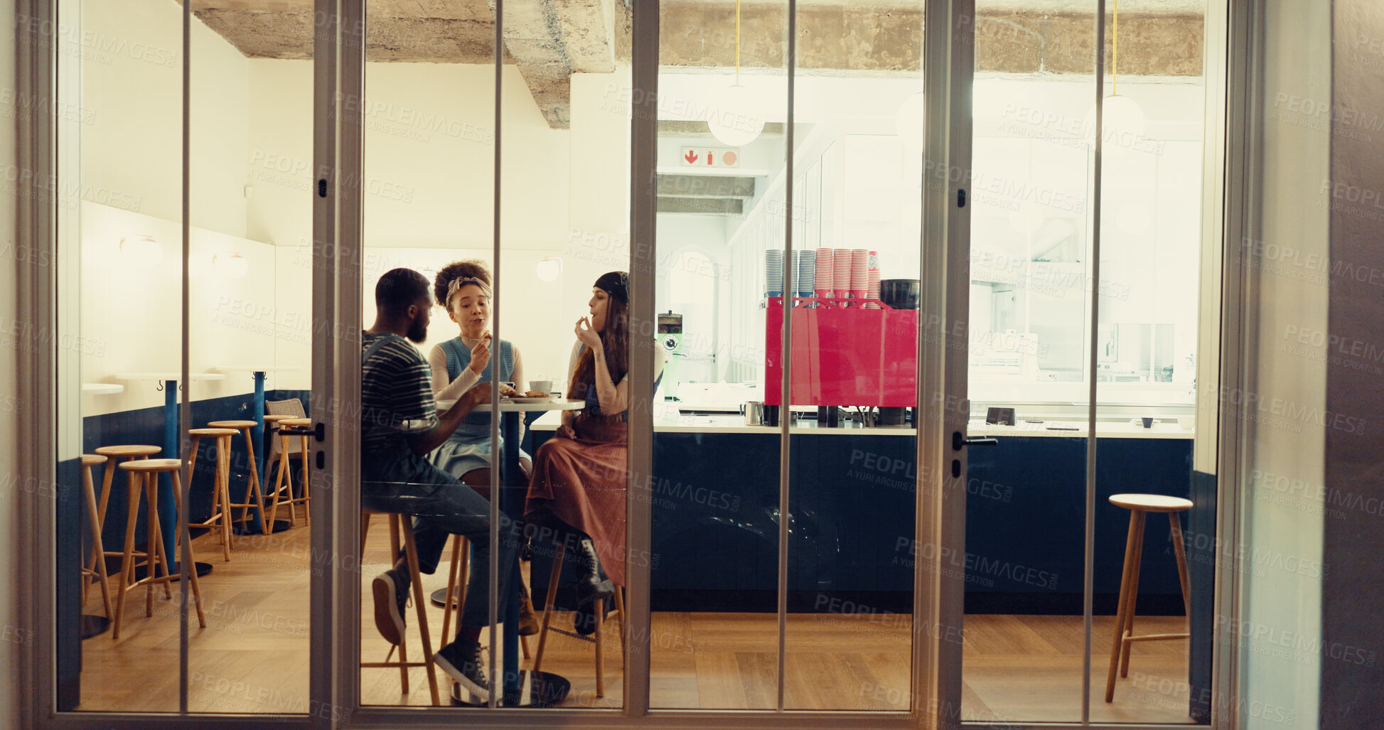 Buy stock photo Window, relax and bonding with friends in coffee shop for conversation, reunion and communication. Happiness, restaurant and food break with people in cafe for social, talking and diner together