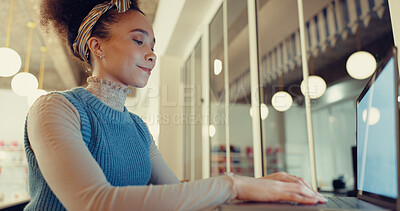 Buy stock photo Laptop, smile and research with woman in cafe for typing, restaurant review and blog post. Email newsletter, article editor and coffee shop report with person for remote work writer and night
