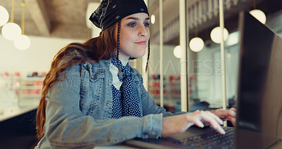 Buy stock photo Laptop, freelancer and night with woman in cafe for typing, restaurant review and blog post. Email newsletter, article editor and coffee shop report with person for remote work writer and website