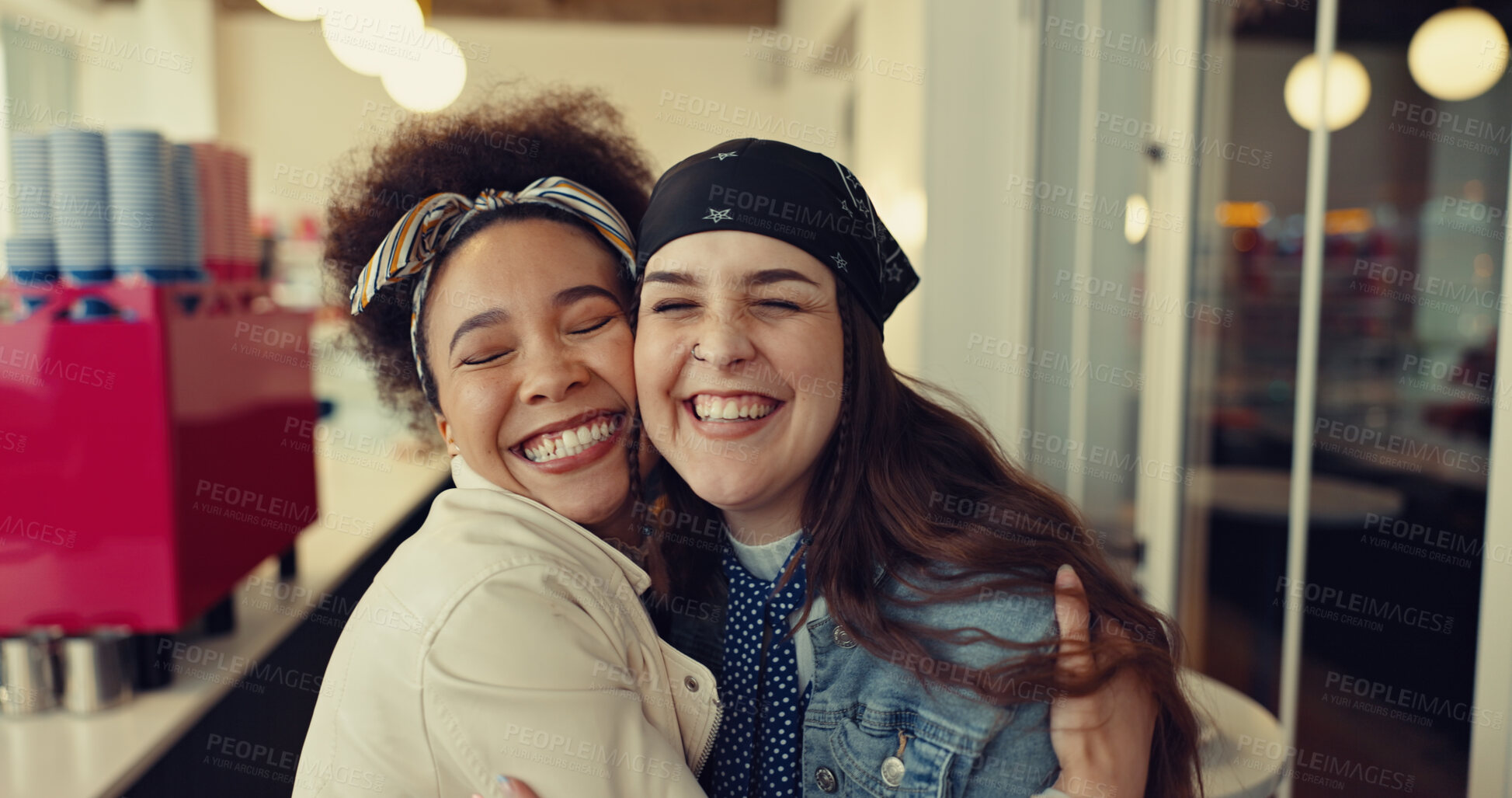 Buy stock photo Friends, women and happy in coffee shop with hug, care and bonding at night. Girls, embrace and excited in cafeteria with greeting, support and late reservation for meeting or reunion in urban diner