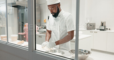 Buy stock photo Cooking, bakery and dough with black man in kitchen for coffee shop, food industry and meal prep. Chef, dessert and nutritionist with baker in restaurant for pastry recipe, small business and flour