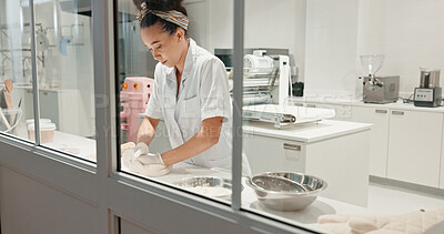 Buy stock photo Food, bakery and dough with woman in kitchen for coffee shop, cooking industry and meal prep. Chef, dessert and nutritionist with baker in restaurant for pastry recipe, small business and flour