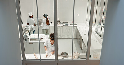 Buy stock photo Chef, bakery and above with people in kitchen for coffee shop, food industry and meal prep. Cooking, dessert and nutritionist with baker in restaurant for pastry recipe, small business and cafe