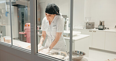 Buy stock photo Flour, bakery and dough with woman in kitchen for coffee shop, cooking industry and meal prep. Chef, dessert and nutritionist with baker in restaurant for pastry recipe, small business and food