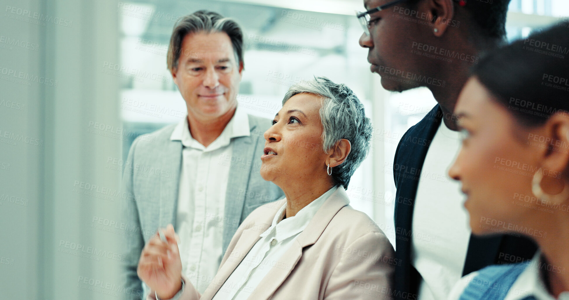 Buy stock photo Discussion, planning and business people by board in office with brainstorming for collaboration. Research, meeting and team of public relations employees with information for media press release.