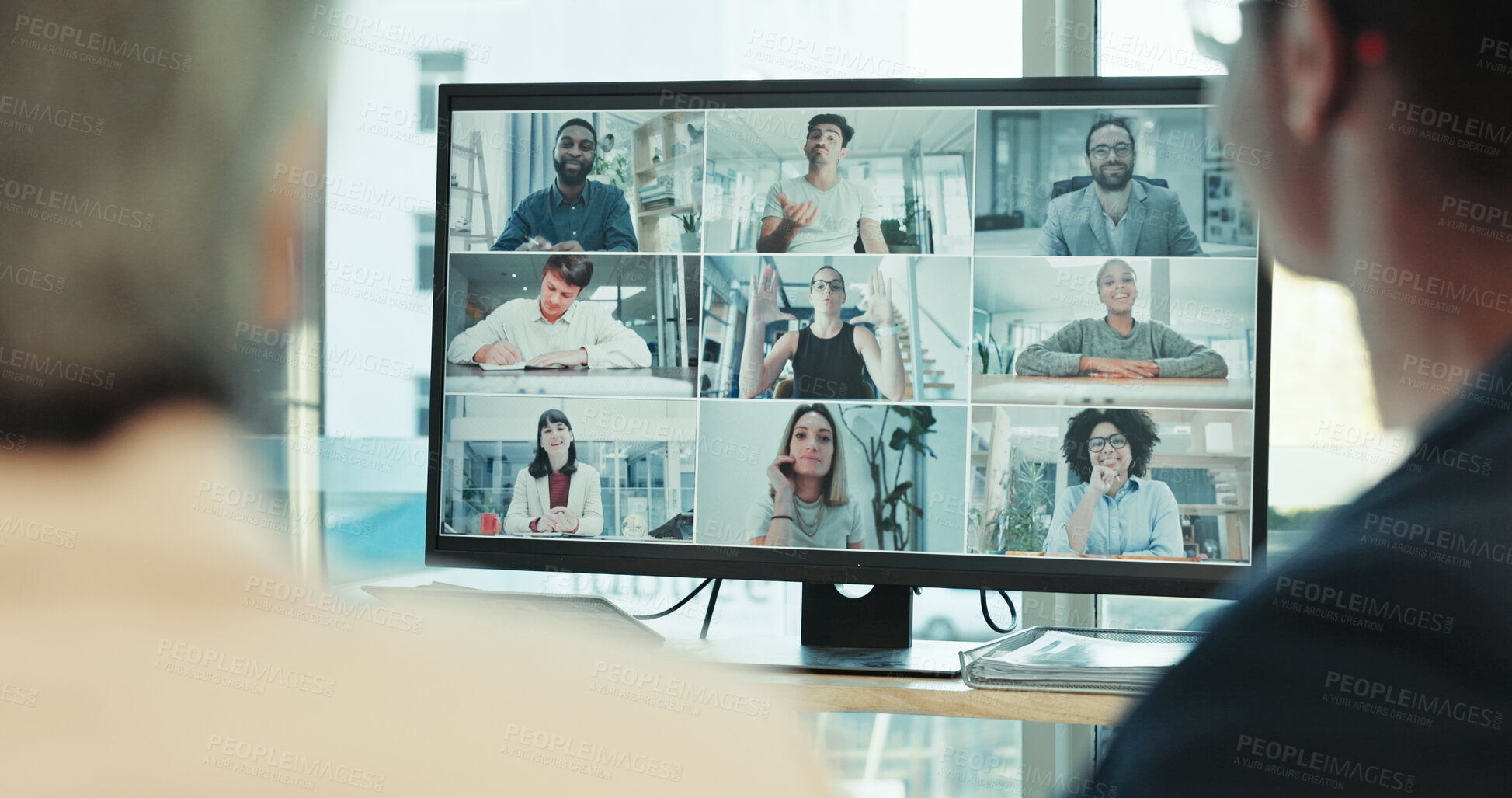 Buy stock photo Video call, computer screen and online meeting with business people in office for monitor, contact and webinar. Virtual conference, digital chat and communication with employees for networking