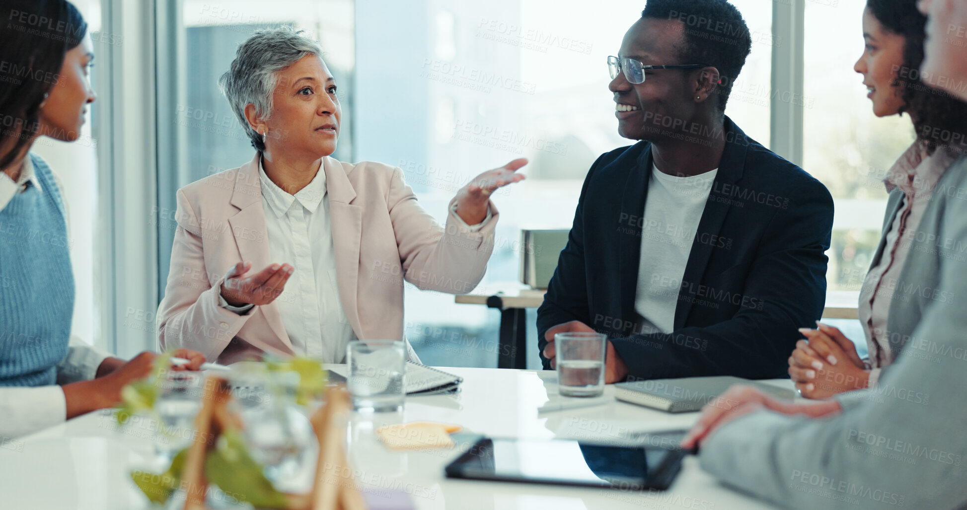 Buy stock photo Teamwork, workshop and planning with business people in meeting for feedback, brainstorming and public relations. Workflow, project management and media campaign with employees in office for solution
