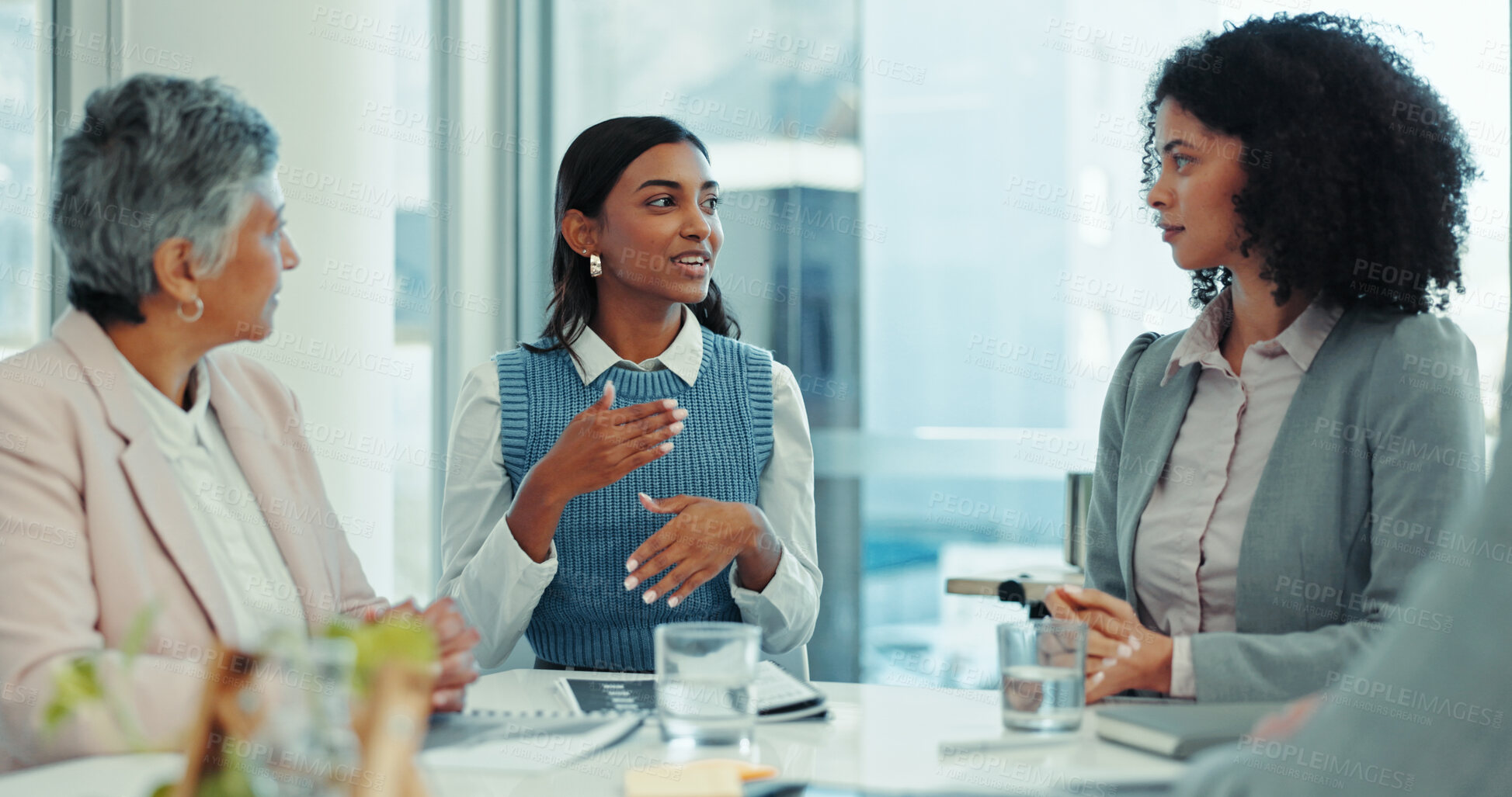 Buy stock photo Teamwork, talking and idea with business people in meeting for feedback, brainstorming and public relations. Workflow, project management and media campaign with employees in office for planning