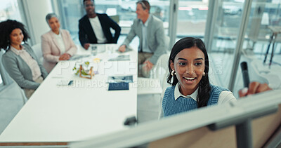 Buy stock photo Coaching, presentation and writing with business woman in meeting for workshop, brainstorming and public relations. Clients, project management and media campaign with people in office for proposal