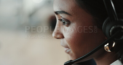 Buy stock photo Call center, contact us and face of Indian woman in support office for customer service. Communication, feedback and friendly with person speaking on headset in workplace for advice or virtual help