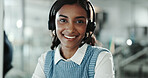 Woman, portrait and happy in call center for telemarketing, customer service or pride for career. Agent, face and tech in office for communication, lead generation or consultant at help desk in India