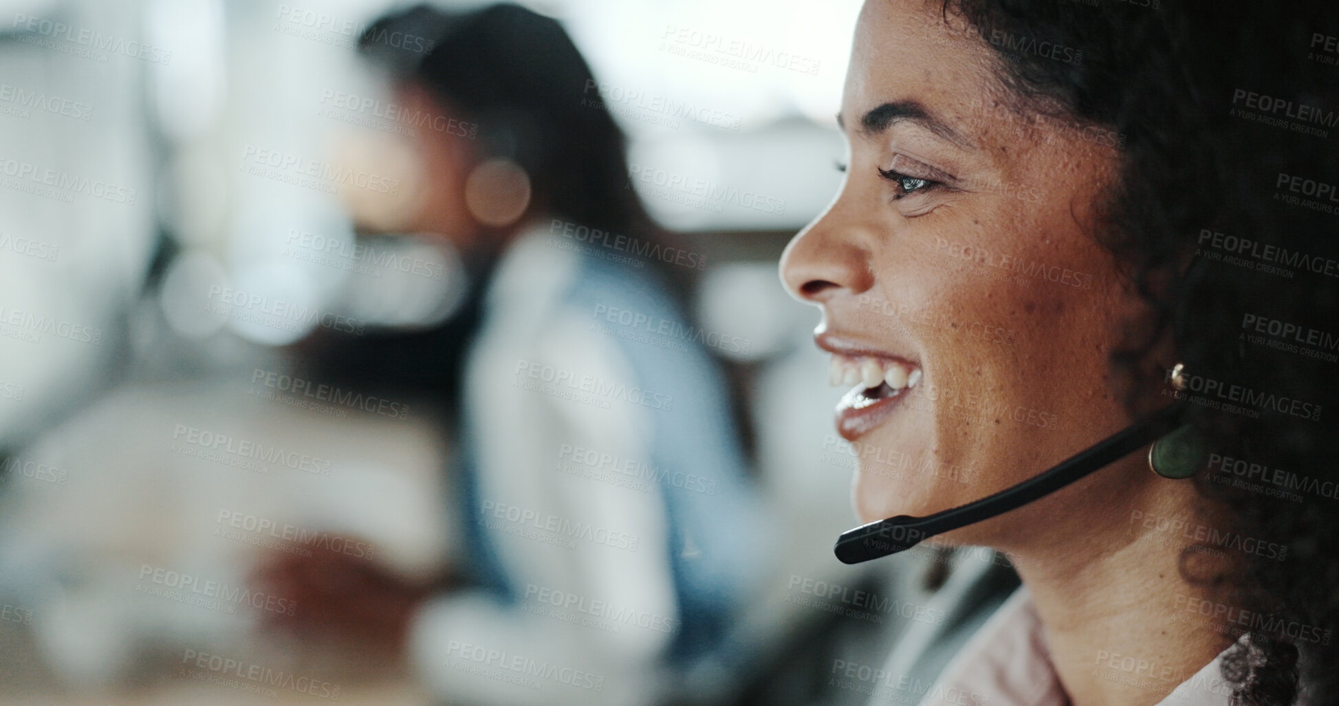 Buy stock photo Call center, communication and face of happy woman in support office for customer service. Contact us, feedback and smile with helpful person speaking on headset as virtual assistant in workplace