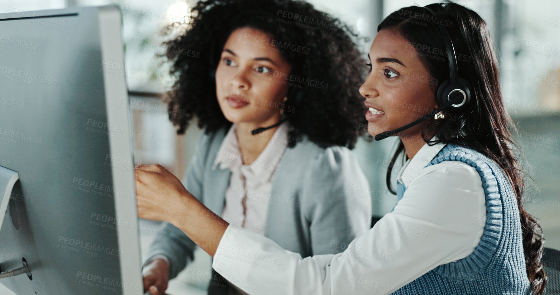 Buy stock photo Manager, call center and help with customer support, training and advice for computer teamwork. Business women, communication and employees for CRM service, online consulting and b2b problem solving